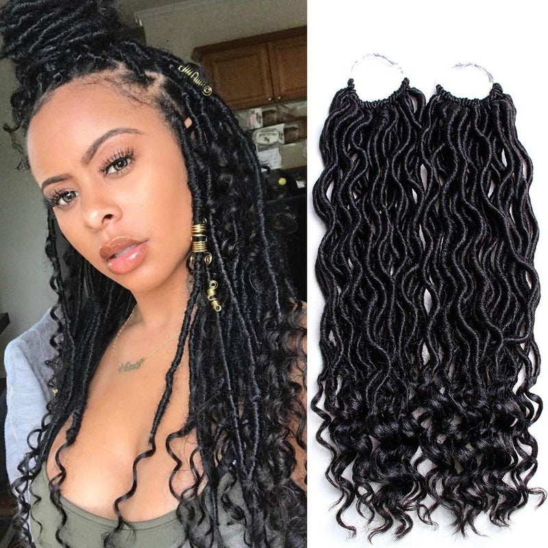 Ali Bling 6Pcs/Lot Goddess Locs Crochet Hair 14 Inch Wavy Curly Faux Locs Braids Goddess Braids Crochet Goddess Curly Faux Locs Crochet Hair Curly Braiding with Culry End (14" 6 Packs, #1B) - Image 1